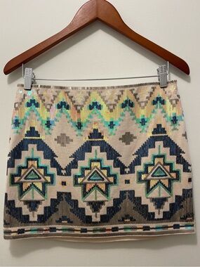 Aztec Patterned Sequined Mini Skirt in Cream, Brown, Yellow, Green, etc.